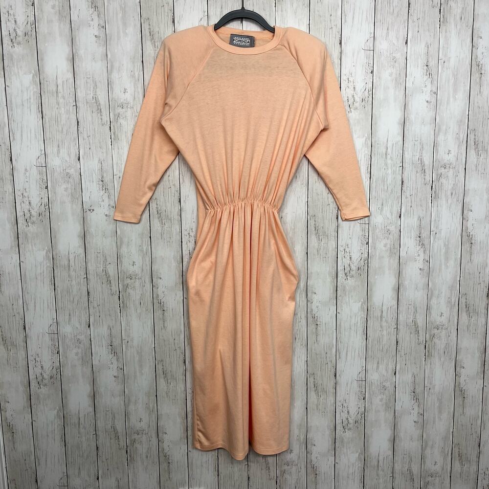 Vintage 80s Forenza Sport Pink 3/4 Sleeve Fitted Crew Neck Pockets Pin Up Dress